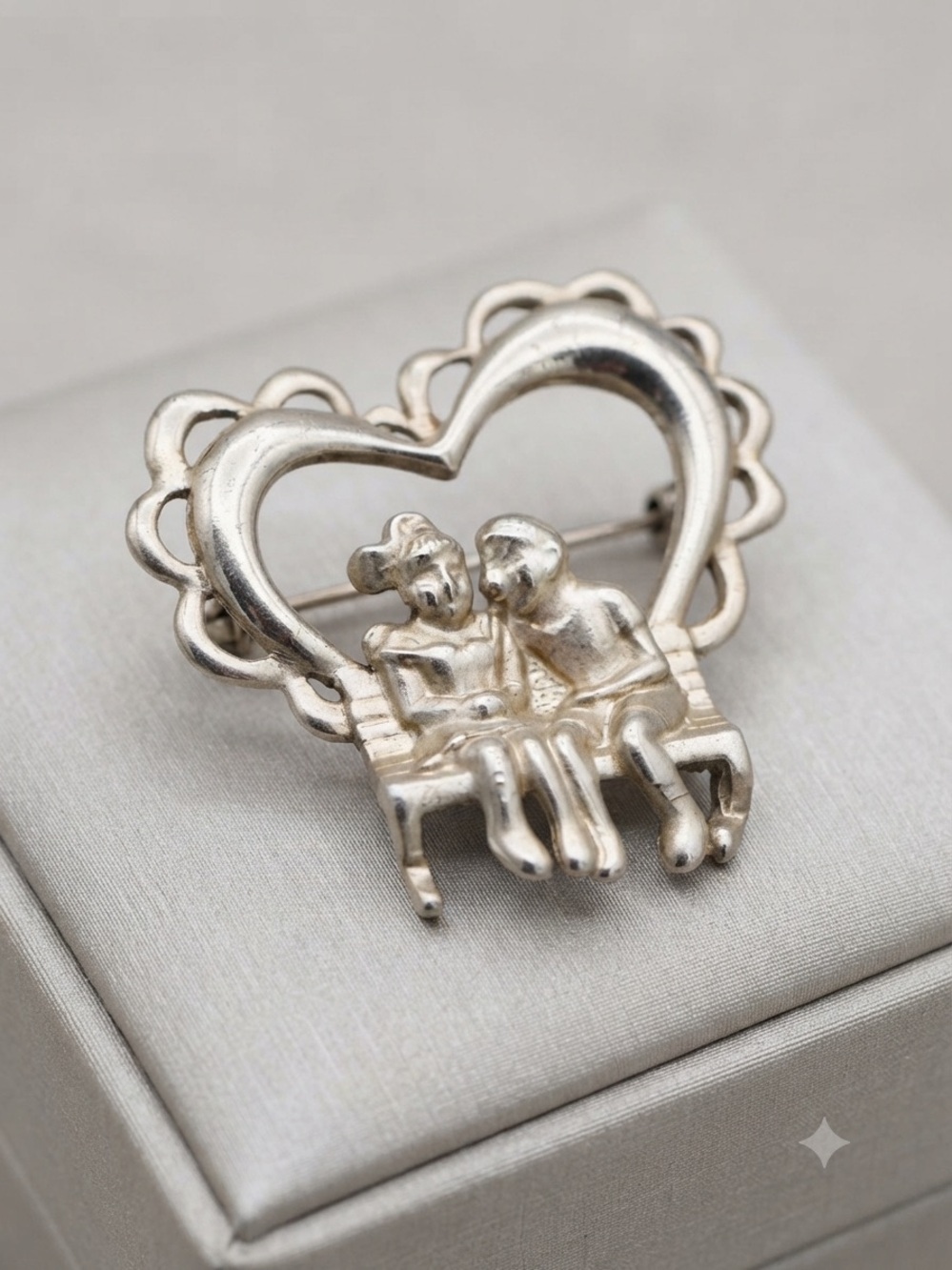 Vintage "Sweetheart" Couple on a Bench Open-Work Heart Brooch